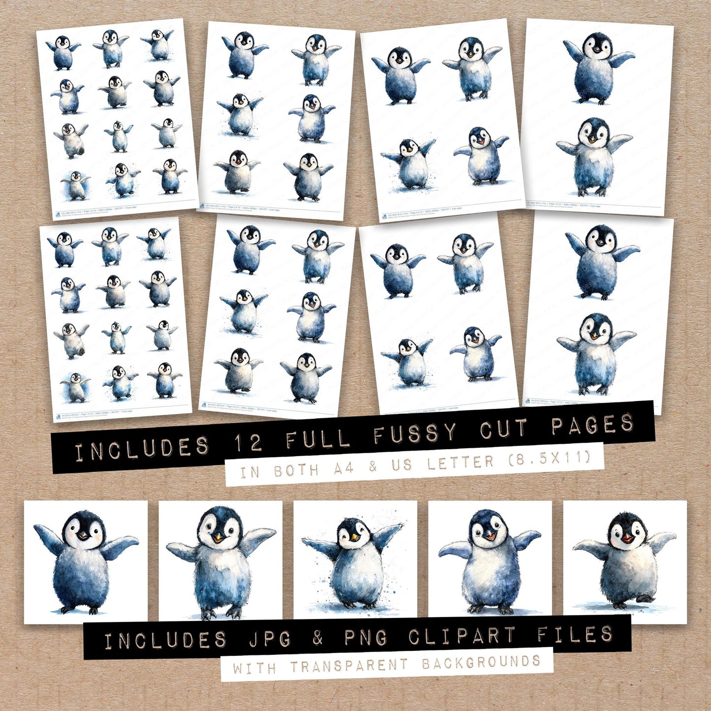 Full collection view of Watercolour Penguin B fussy cut sheets with bonus clipart JPG and PNG files