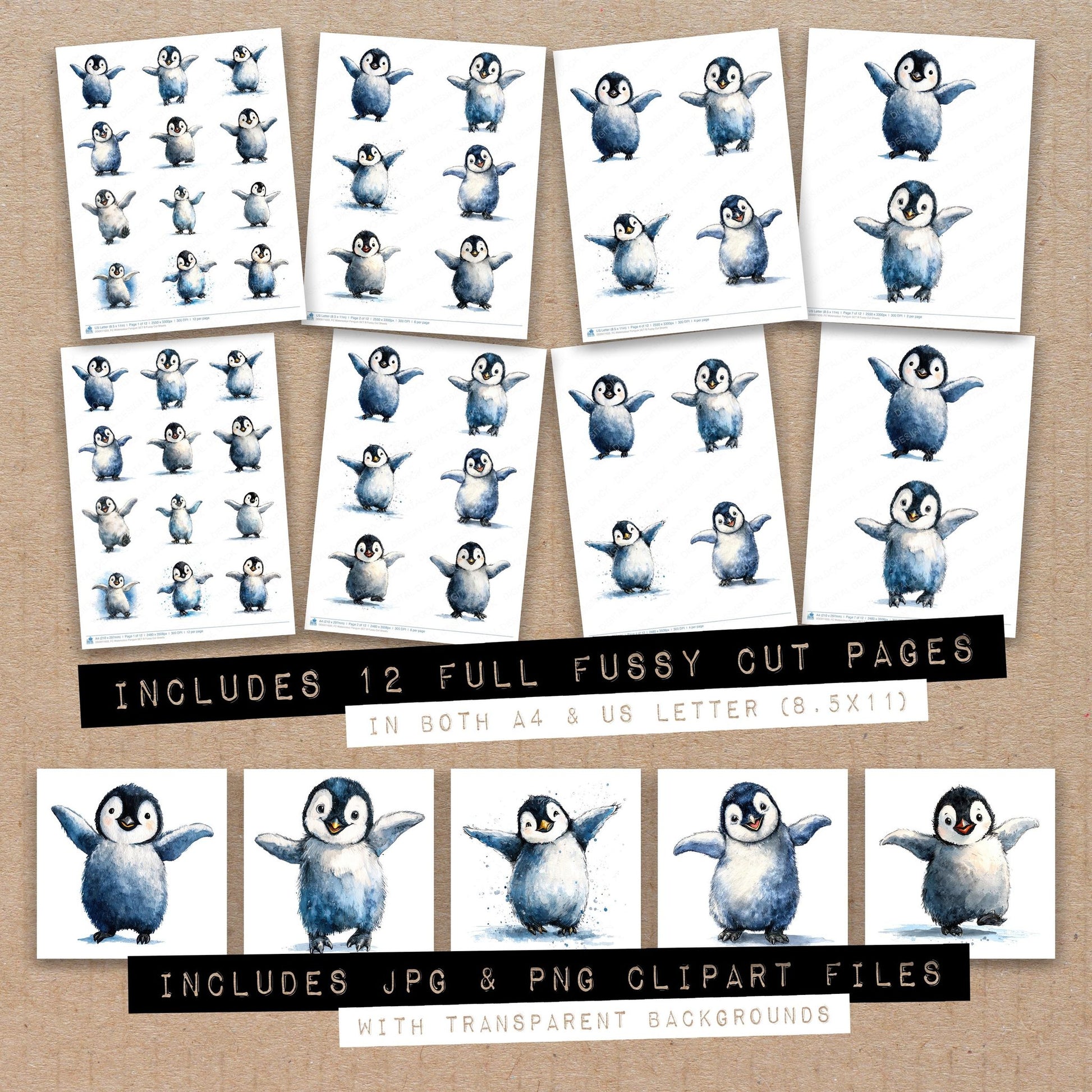 Full collection view of Watercolour Penguin B fussy cut sheets with bonus clipart JPG and PNG files
