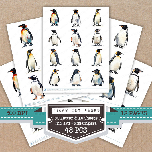 Watercolour Penguin C fussy cut printable sheets for junk journaling, scrapbooking, and paper craft projects