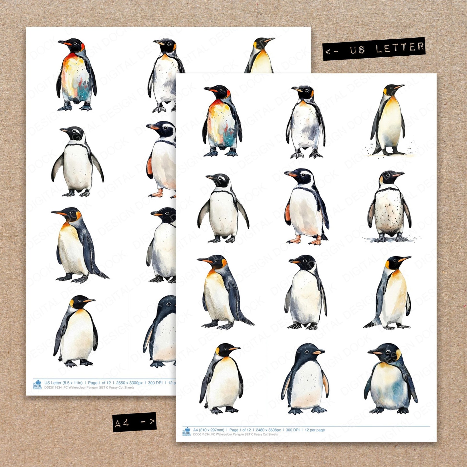 A4 and US Letter format comparison showing Watercolour Penguin C fussy cut pages for print and cut crafting