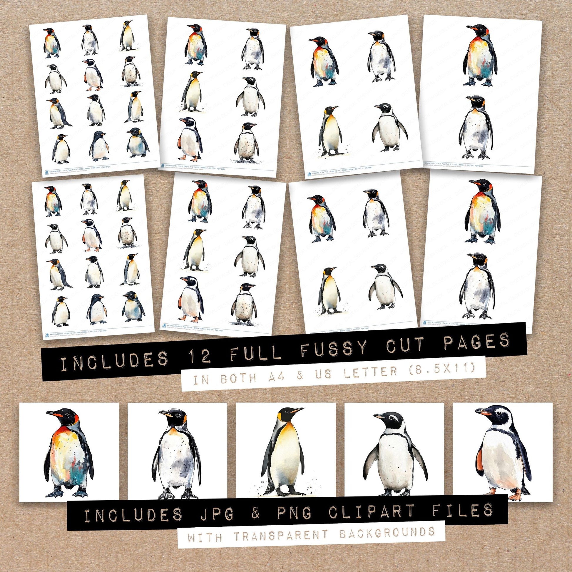 Full collection view of Watercolour Penguin C fussy cut sheets with bonus clipart JPG and PNG files