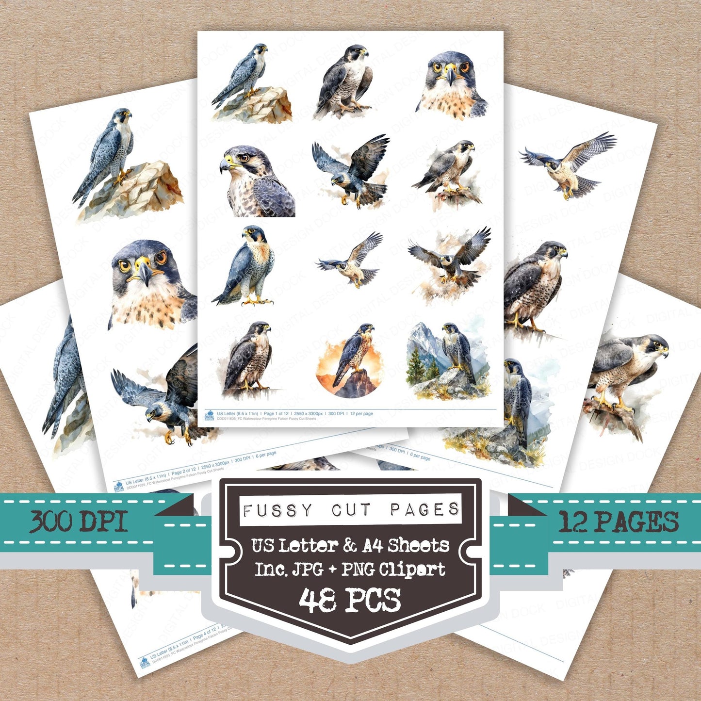 Watercolour Peregrine Falcon fussy cut printable sheets for junk journaling, scrapbooking, and paper craft projects