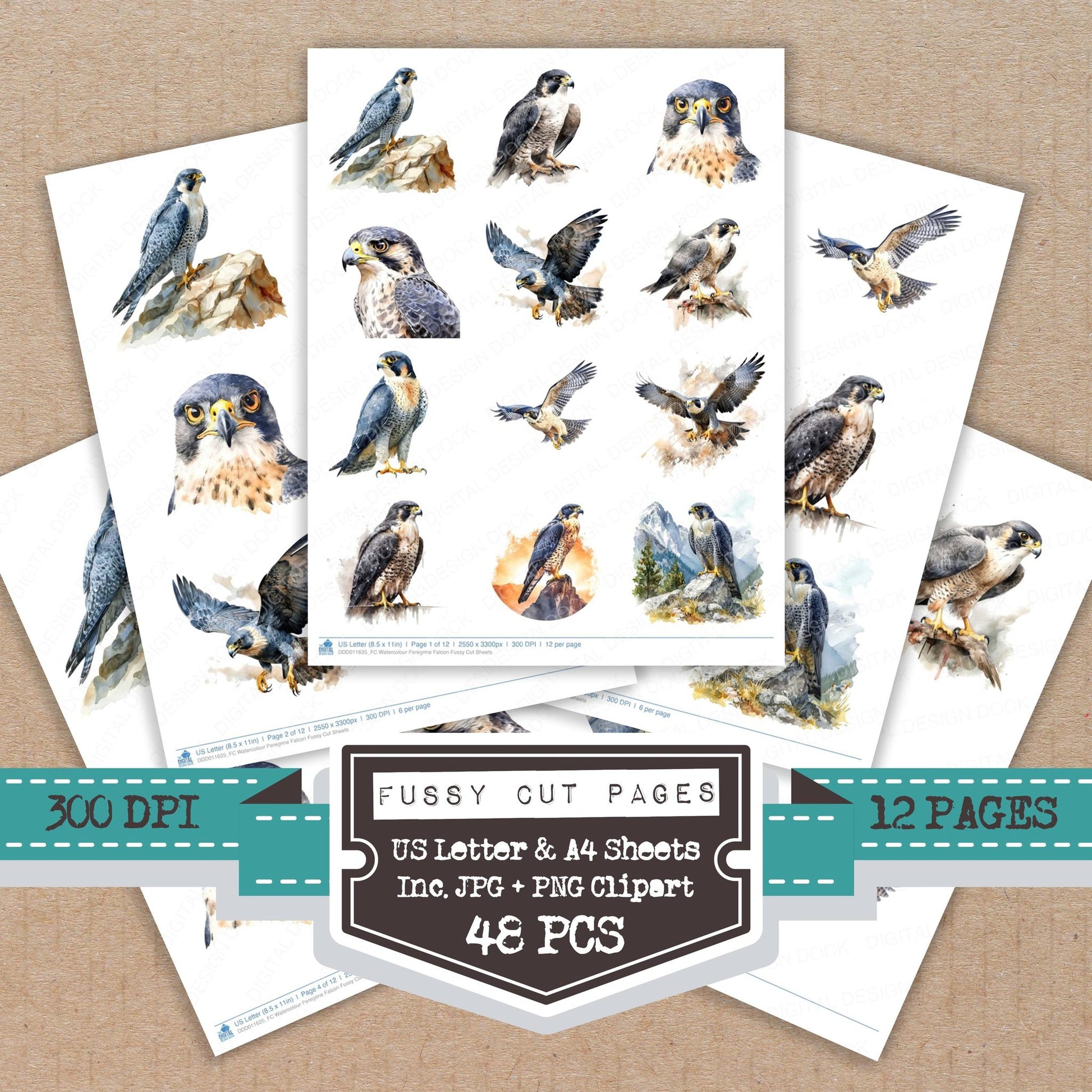 Watercolour Peregrine Falcon fussy cut printable sheets for junk journaling, scrapbooking, and paper craft projects