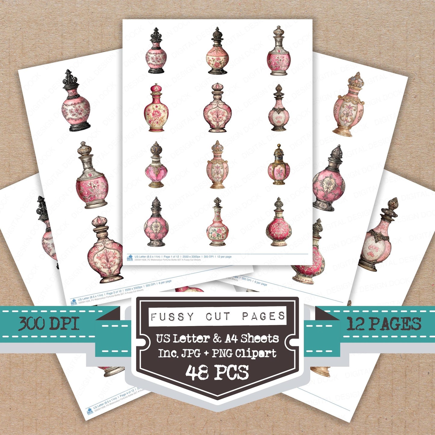 Watercolour Perfume Bottle A fussy cut printable sheets for junk journaling, scrapbooking, and paper craft projects