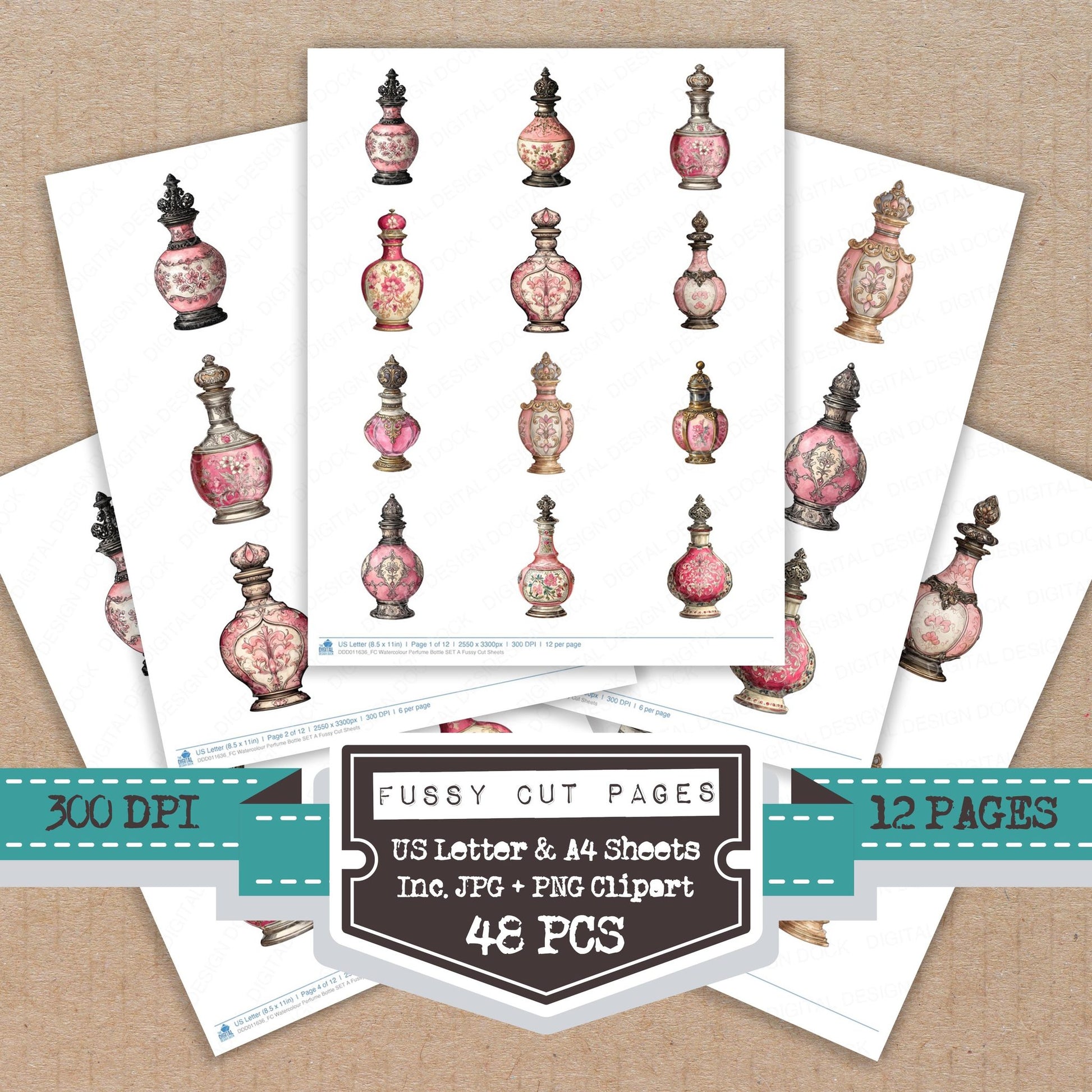 Watercolour Perfume Bottle A fussy cut printable sheets for junk journaling, scrapbooking, and paper craft projects