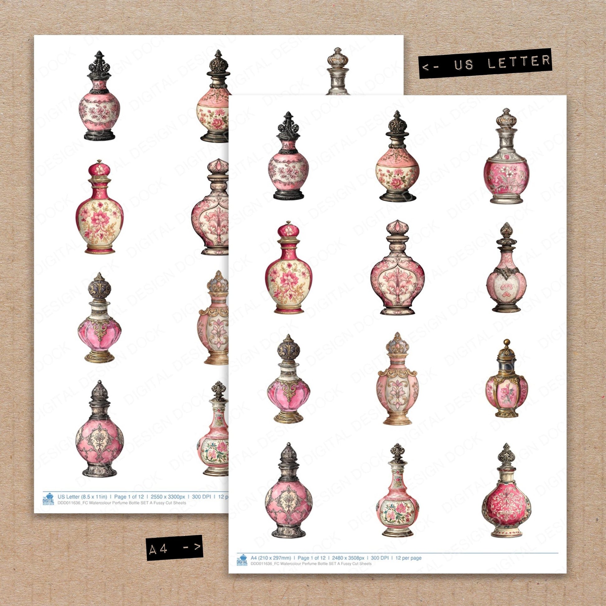 A4 and US Letter format comparison showing Watercolour Perfume Bottle A fussy cut pages for print and cut crafting