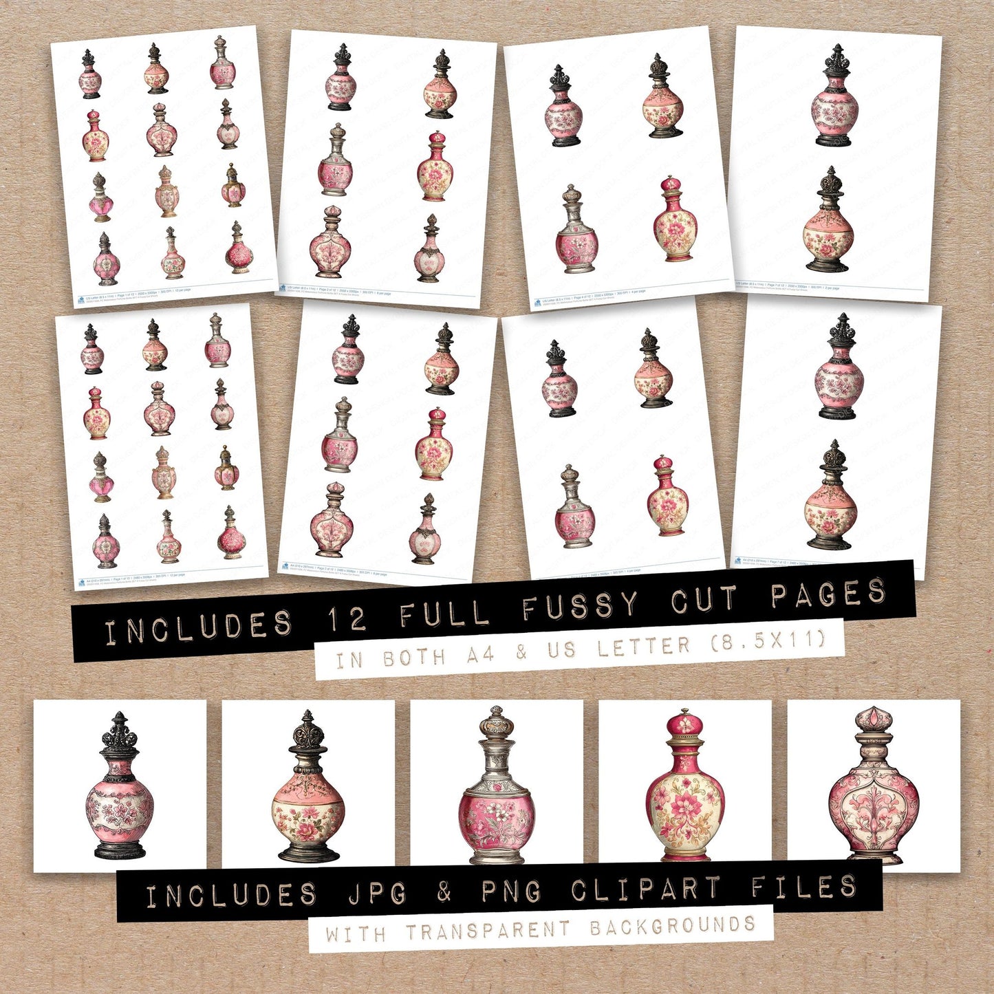 Full collection view of Watercolour Perfume Bottle A fussy cut sheets with bonus clipart JPG and PNG files