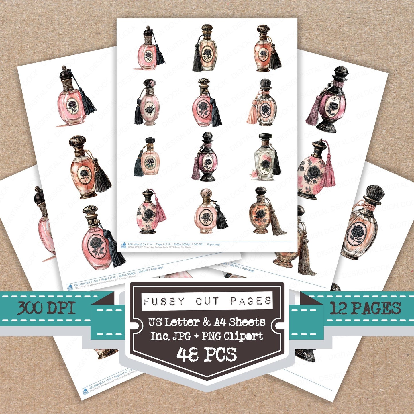 Watercolour Perfume Bottle B fussy cut printable sheets for junk journaling, scrapbooking, and paper craft projects