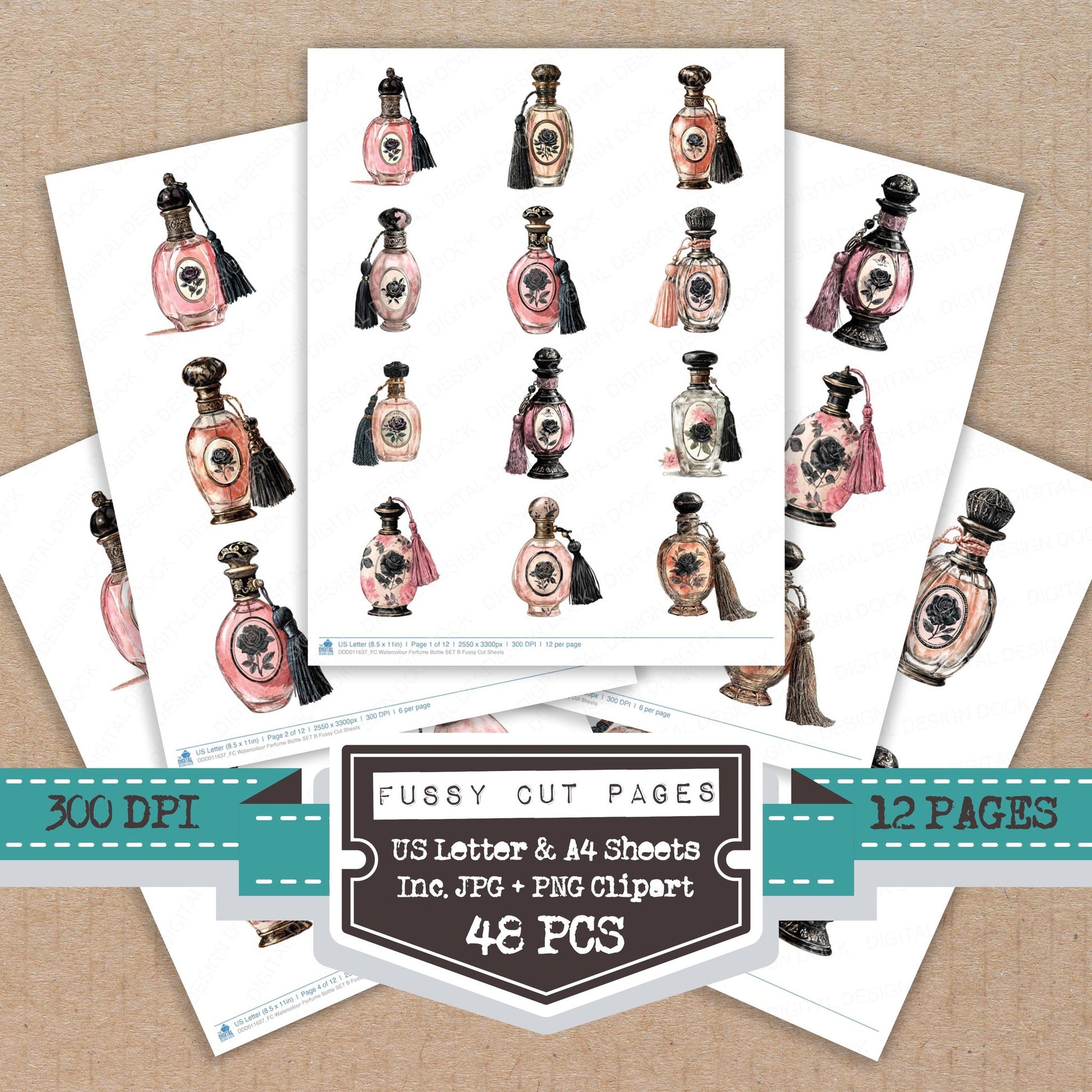 Watercolour Perfume Bottle B fussy cut printable sheets for junk journaling, scrapbooking, and paper craft projects