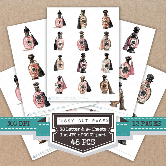 Watercolour Perfume Bottle B fussy cut printable sheets for junk journaling, scrapbooking, and paper craft projects