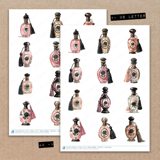 A4 and US Letter format comparison showing Watercolour Perfume Bottle B fussy cut pages for print and cut crafting