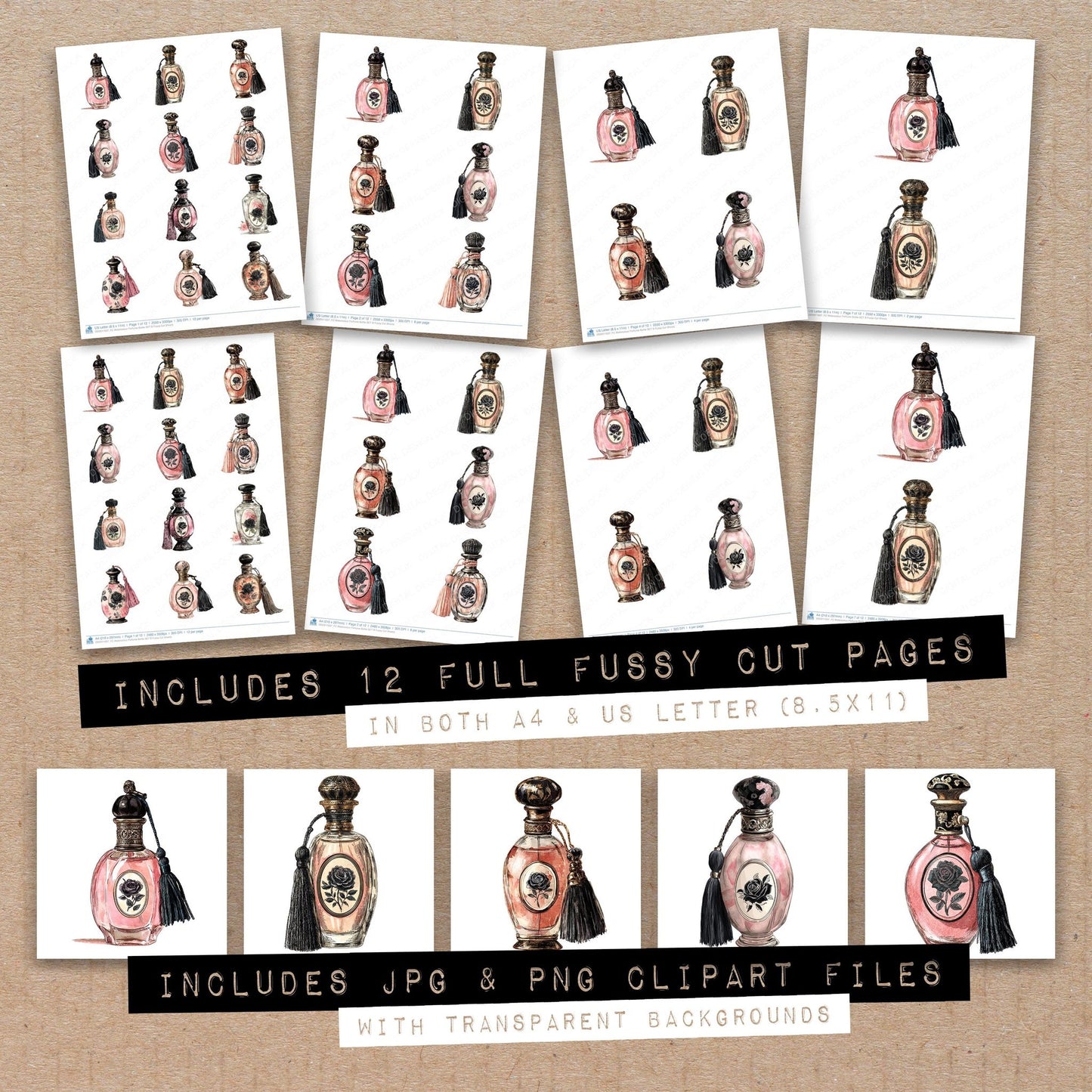 Full collection view of Watercolour Perfume Bottle B fussy cut sheets with bonus clipart JPG and PNG files