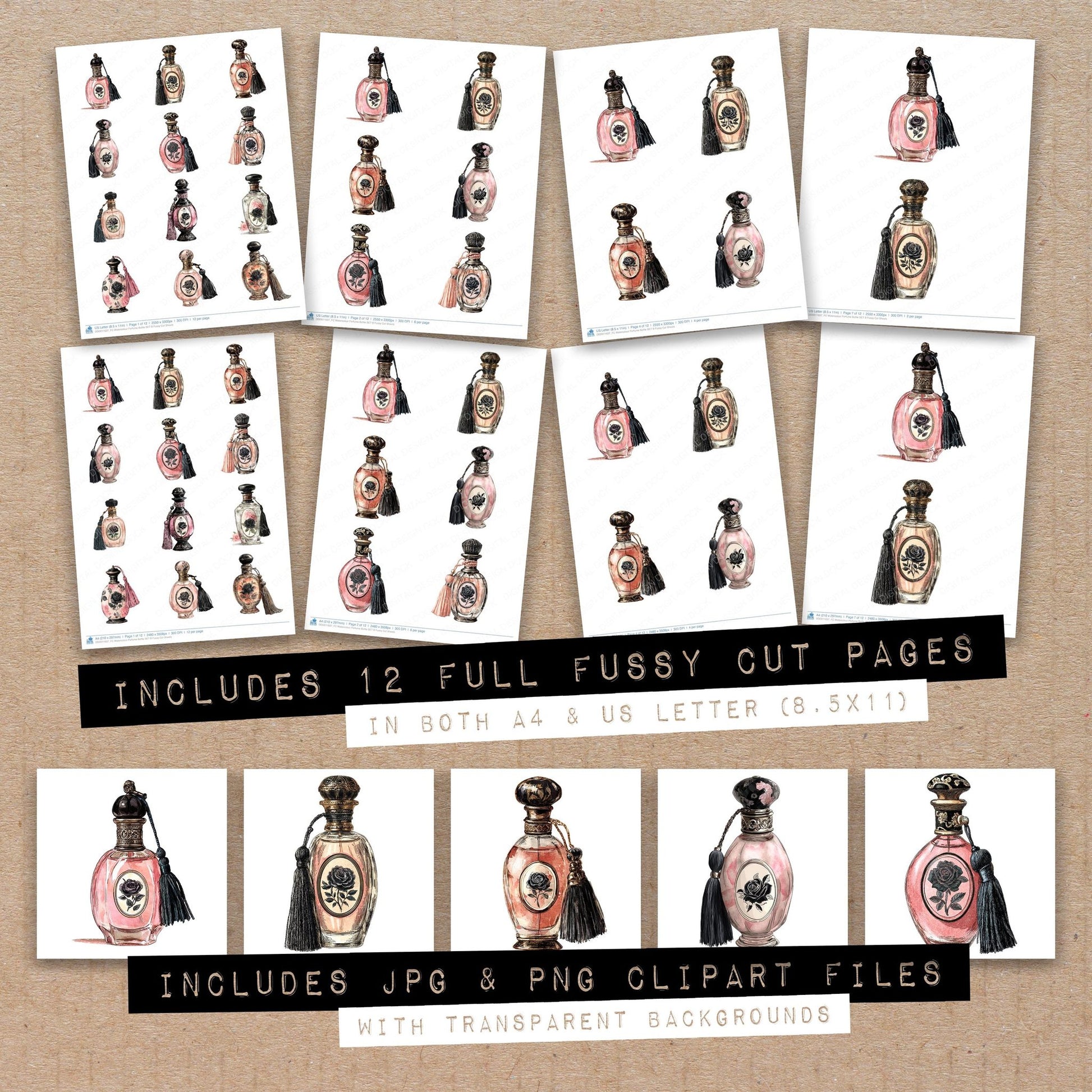 Full collection view of Watercolour Perfume Bottle B fussy cut sheets with bonus clipart JPG and PNG files