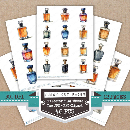Watercolour Perfume Bottle C fussy cut printable sheets for junk journaling, scrapbooking, and paper craft projects