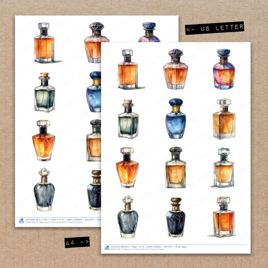A4 and US Letter format comparison showing Watercolour Perfume Bottle C fussy cut pages for print and cut crafting
