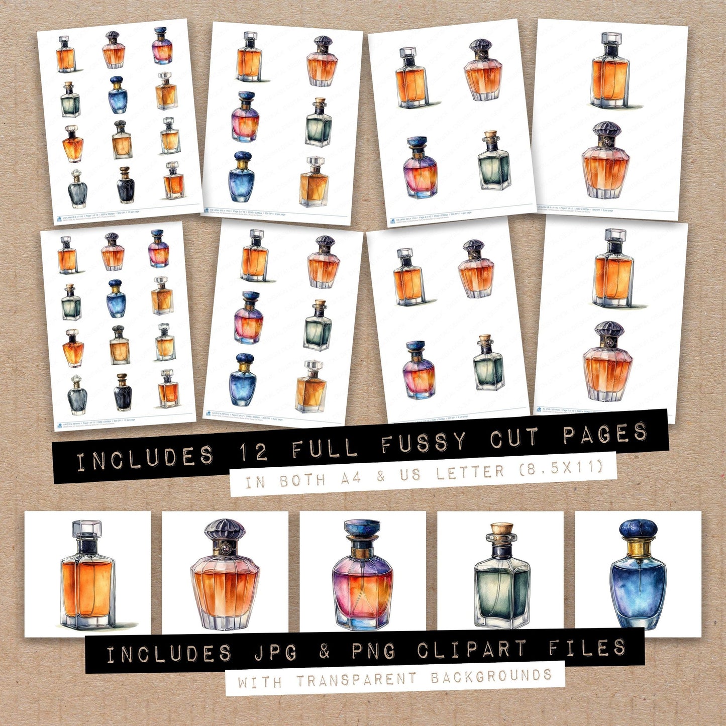 Full collection view of Watercolour Perfume Bottle C fussy cut sheets with bonus clipart JPG and PNG files