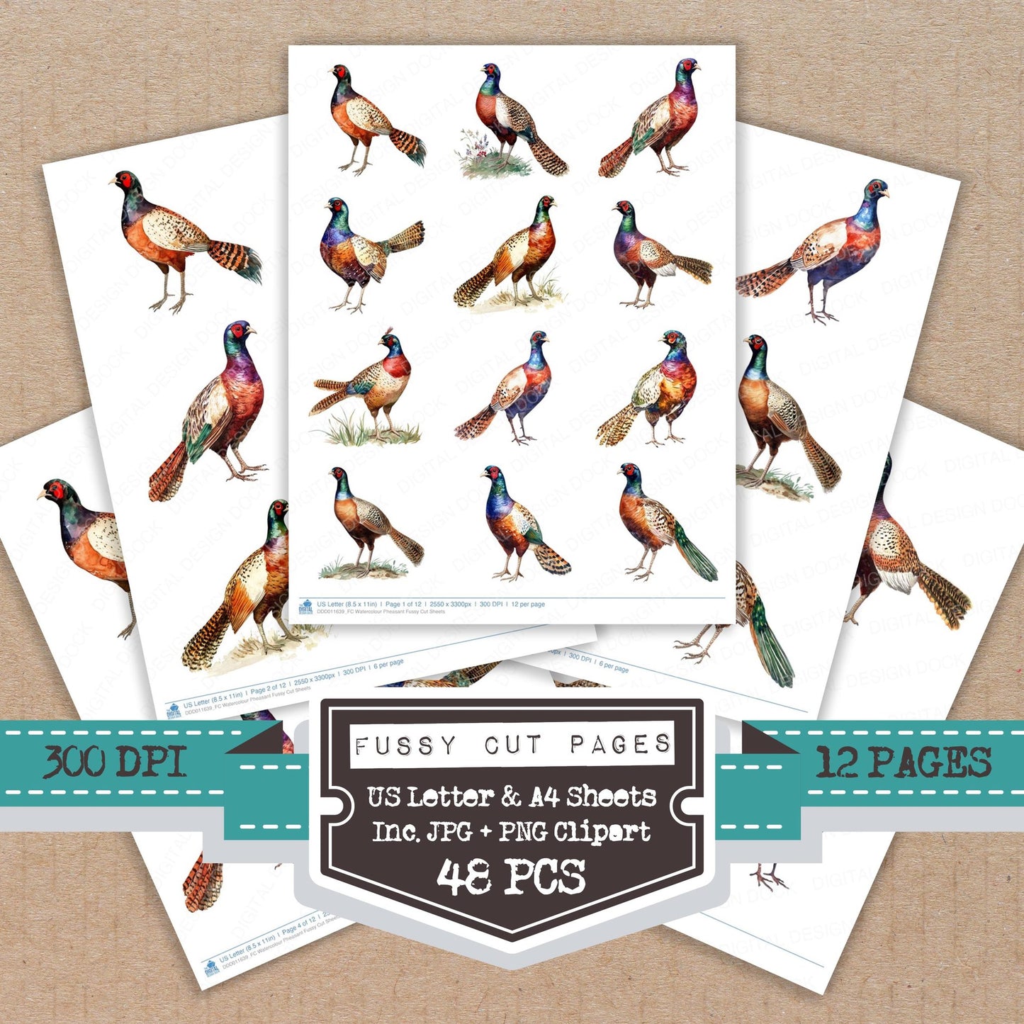 Watercolour Pheasant fussy cut printable sheets for junk journaling, scrapbooking, and paper craft projects