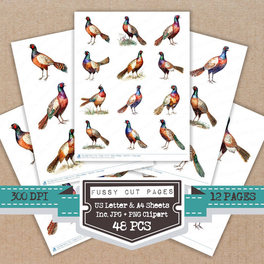 Watercolour Pheasant fussy cut printable sheets for junk journaling, scrapbooking, and paper craft projects