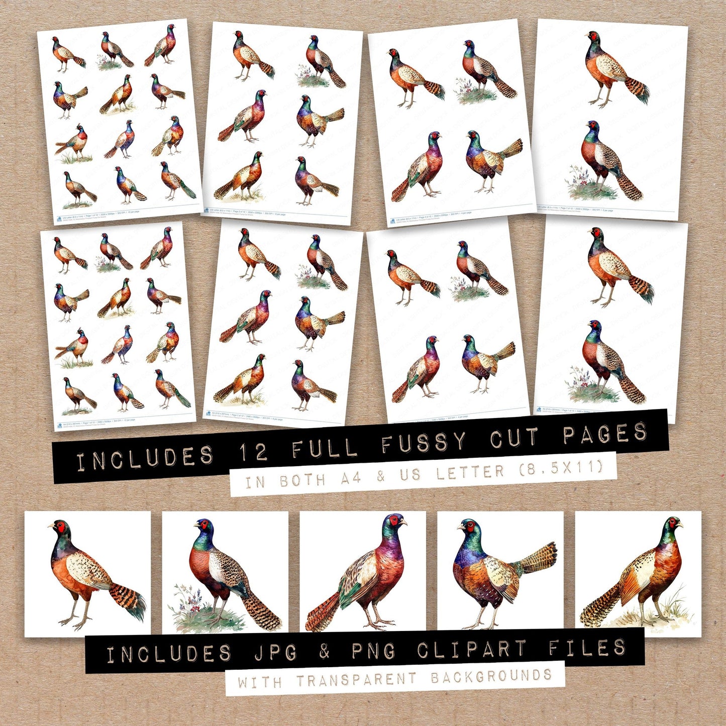 Full collection view of Watercolour Pheasant fussy cut sheets with bonus clipart JPG and PNG files