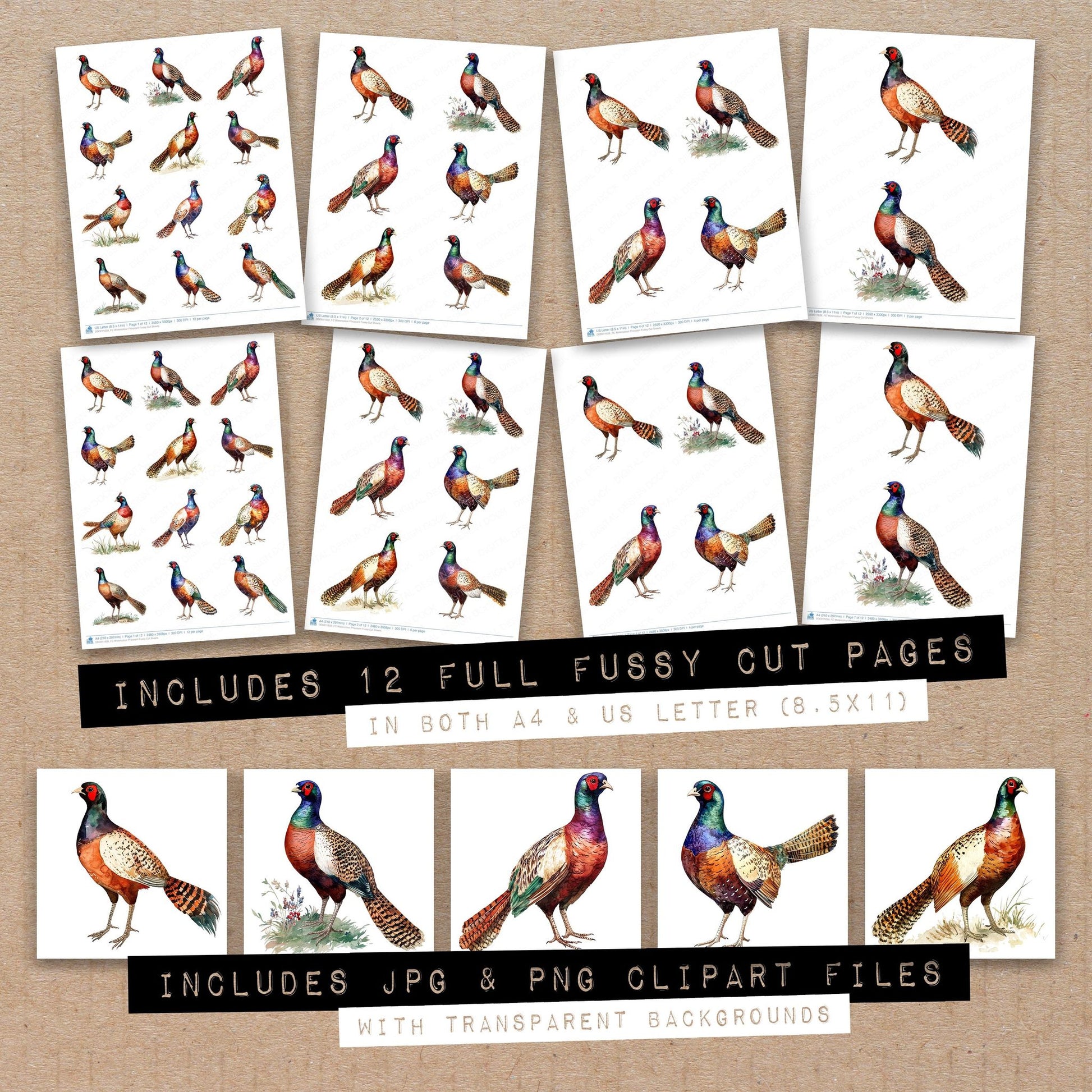 Full collection view of Watercolour Pheasant fussy cut sheets with bonus clipart JPG and PNG files