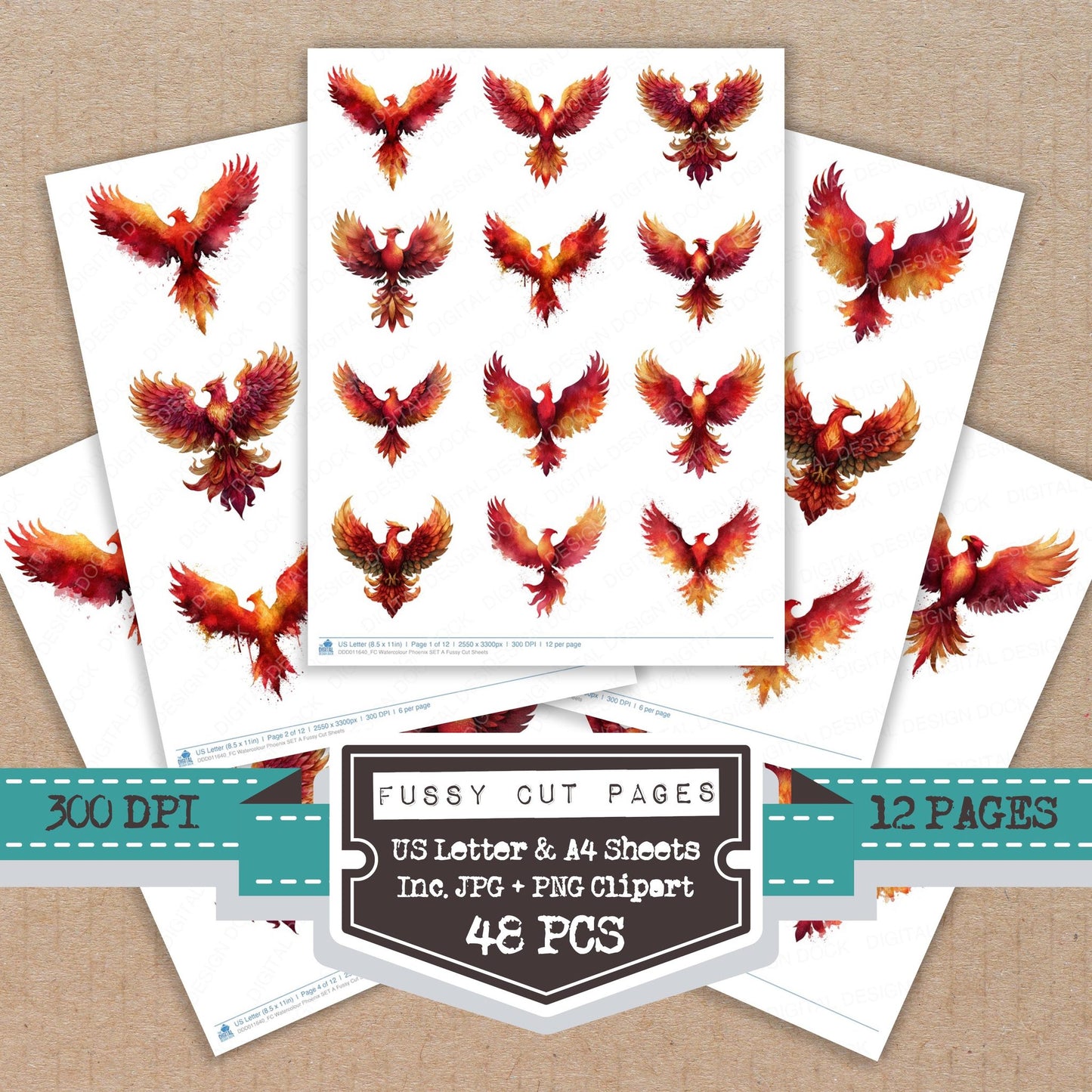 Watercolour Phoenix A fussy cut printable sheets for junk journaling, scrapbooking, and paper craft projects