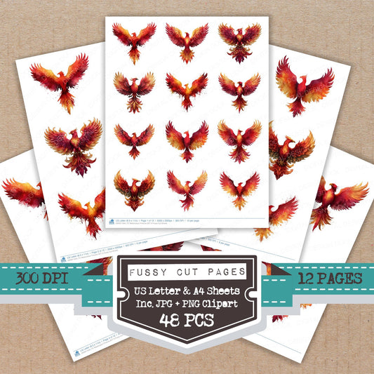 Watercolour Phoenix A fussy cut printable sheets for junk journaling, scrapbooking, and paper craft projects
