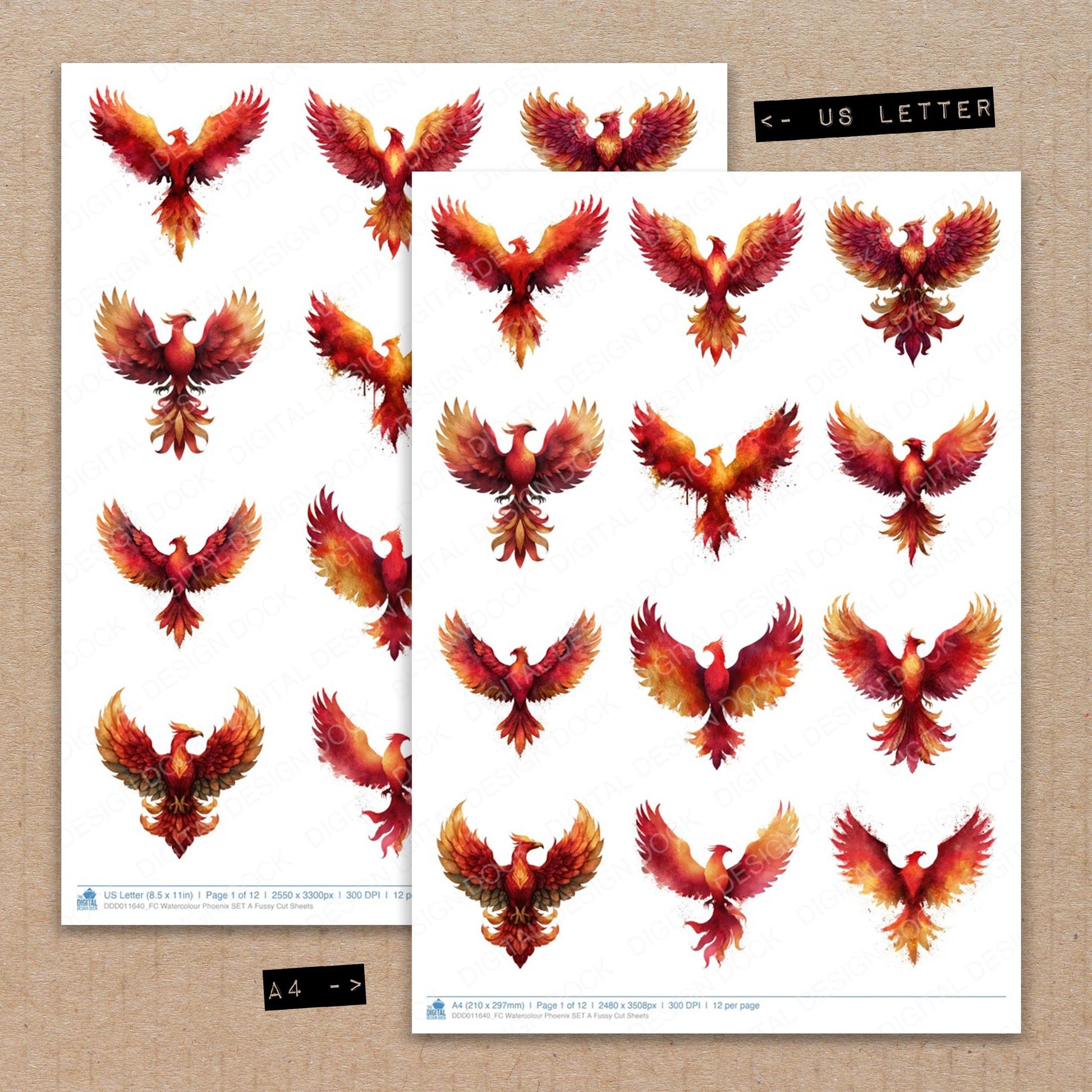 A4 and US Letter format comparison showing Watercolour Phoenix A fussy cut pages for print and cut crafting