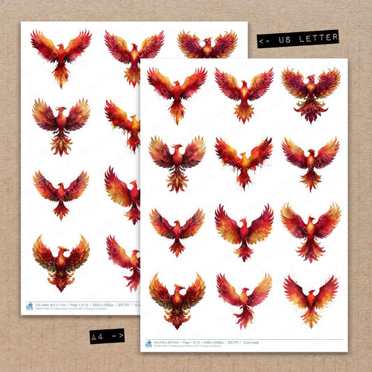 A4 and US Letter format comparison showing Watercolour Phoenix A fussy cut pages for print and cut crafting
