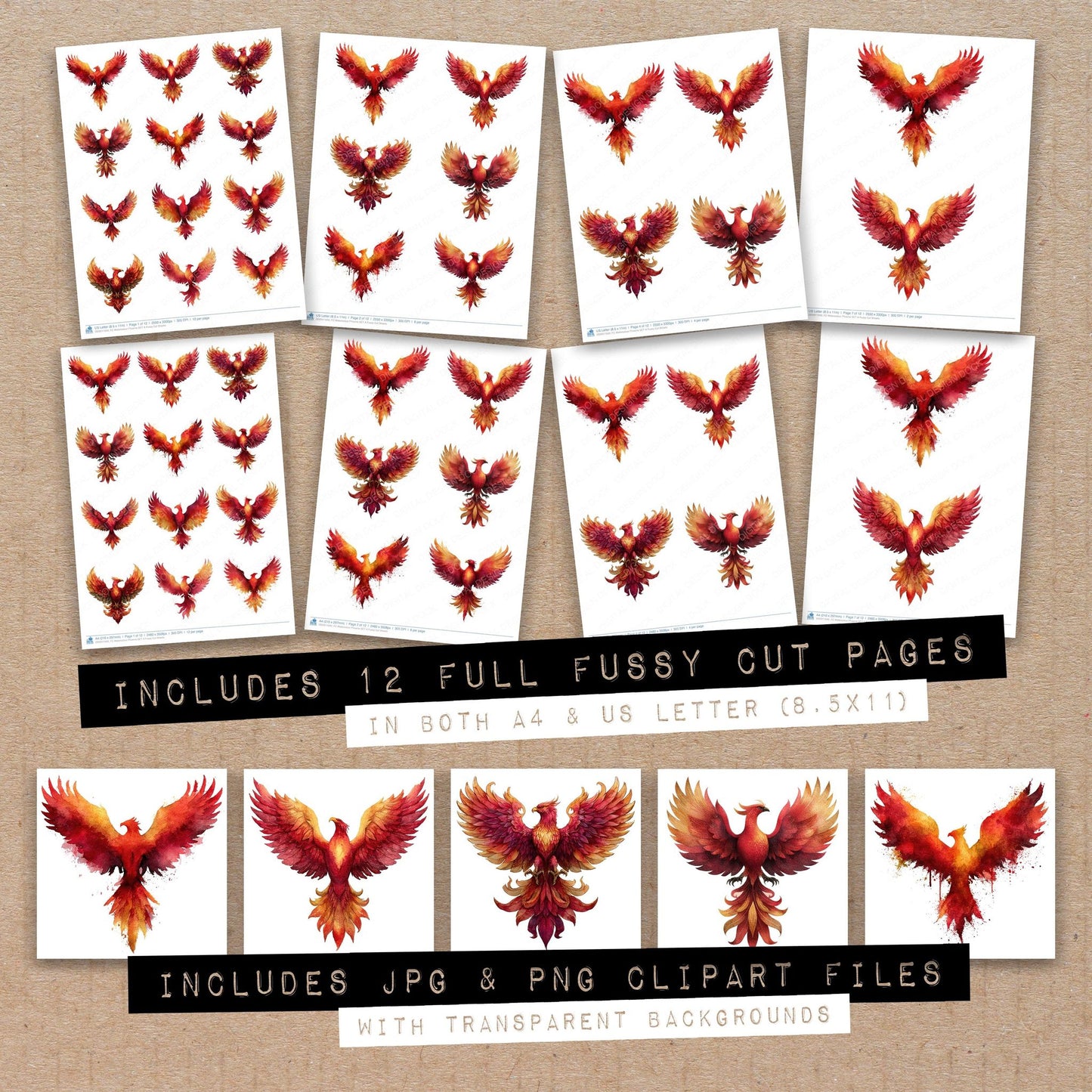 Full collection view of Watercolour Phoenix A fussy cut sheets with bonus clipart JPG and PNG files