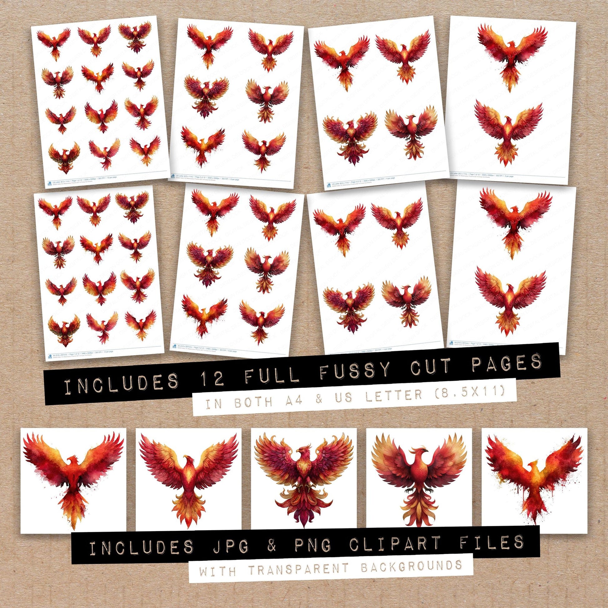 Full collection view of Watercolour Phoenix A fussy cut sheets with bonus clipart JPG and PNG files