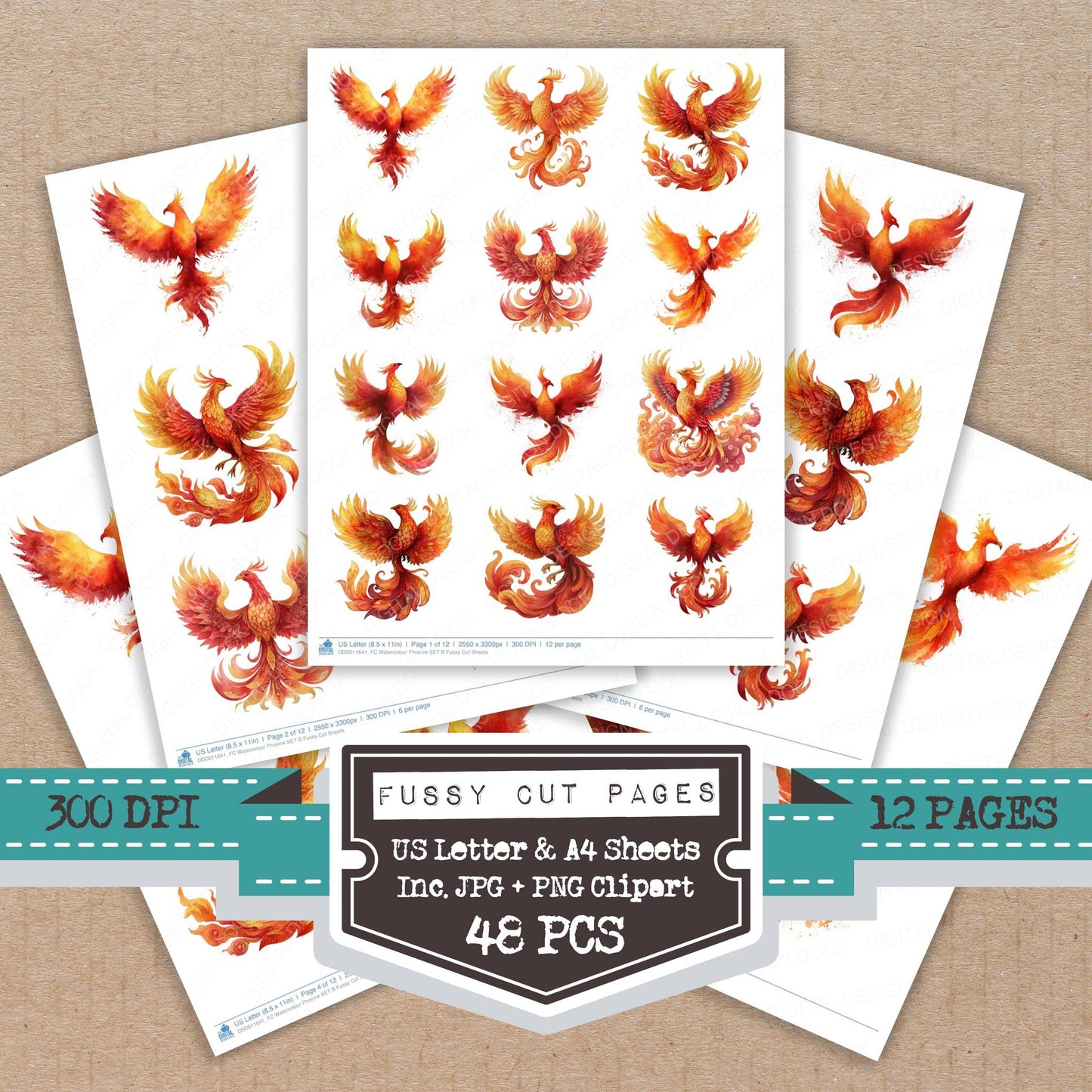 Watercolour Phoenix B fussy cut printable sheets for junk journaling, scrapbooking, and paper craft projects