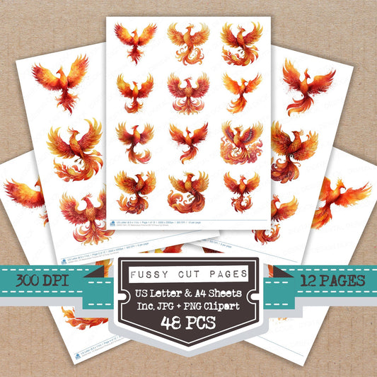 Watercolour Phoenix B fussy cut printable sheets for junk journaling, scrapbooking, and paper craft projects