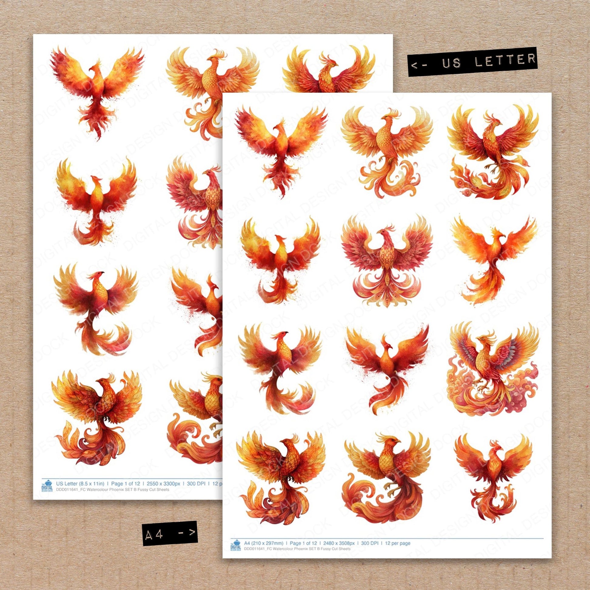 A4 and US Letter format comparison showing Watercolour Phoenix B fussy cut pages for print and cut crafting