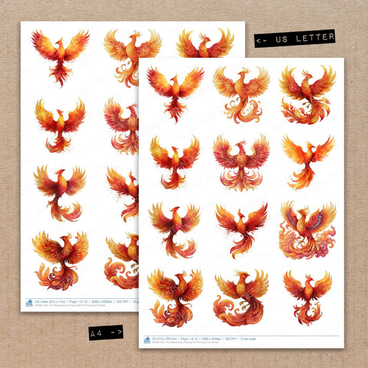 A4 and US Letter format comparison showing Watercolour Phoenix B fussy cut pages for print and cut crafting