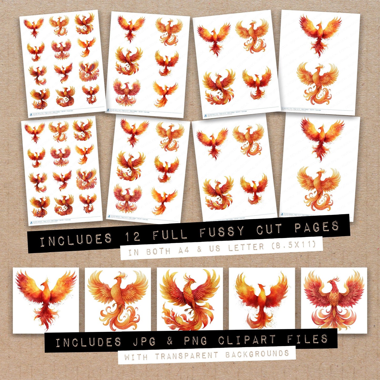 Full collection view of Watercolour Phoenix B fussy cut sheets with bonus clipart JPG and PNG files