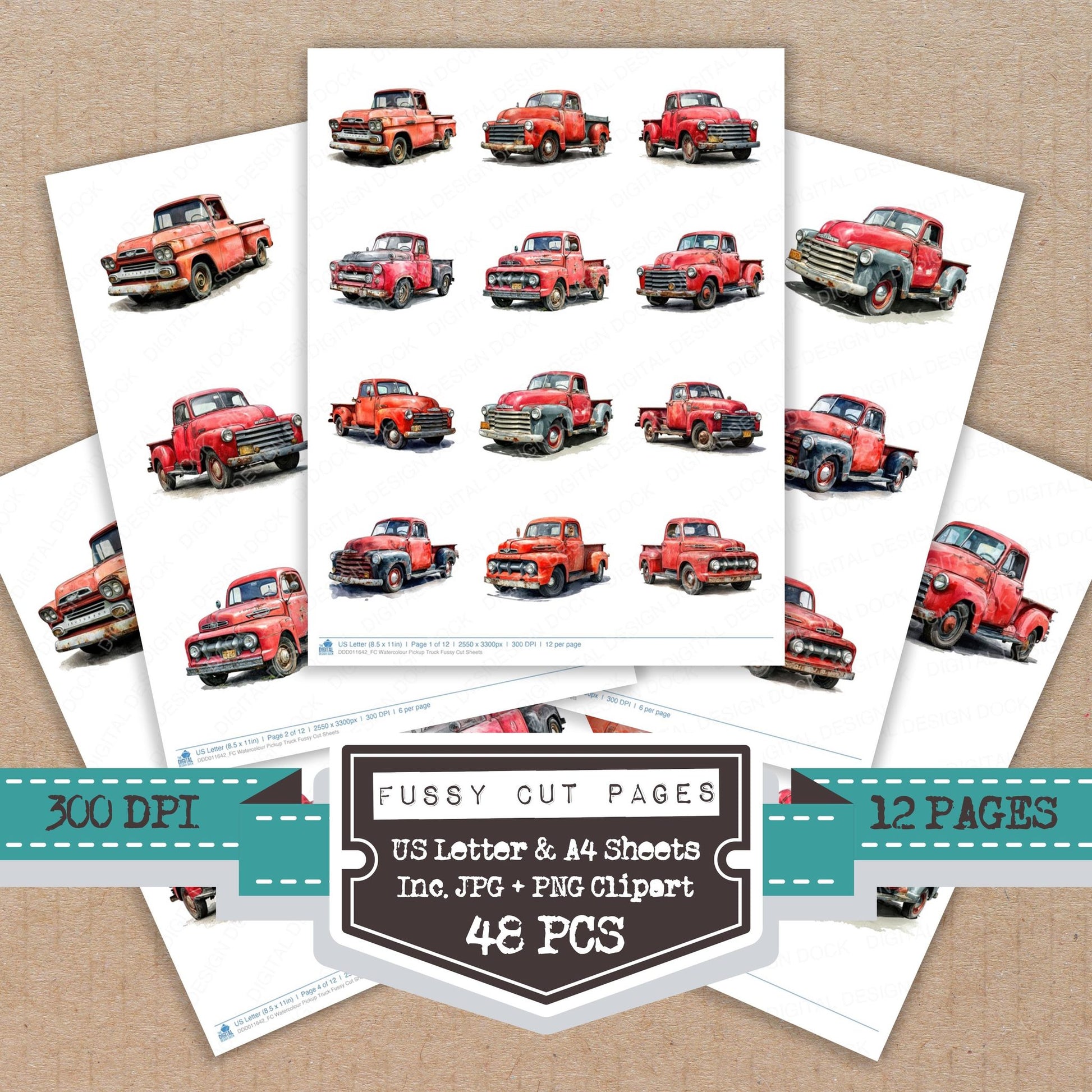 Watercolour Pickup Truck fussy cut printable sheets for junk journaling, scrapbooking, and paper craft projects