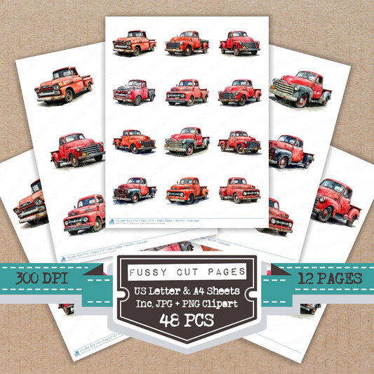 Watercolour Pickup Truck fussy cut printable sheets for junk journaling, scrapbooking, and paper craft projects