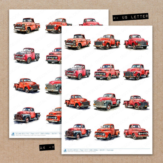 A4 and US Letter format comparison showing Watercolour Pickup Truck fussy cut pages for print and cut crafting