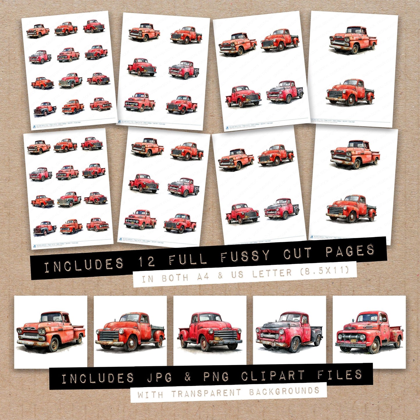 Full collection view of Watercolour Pickup Truck fussy cut sheets with bonus clipart JPG and PNG files