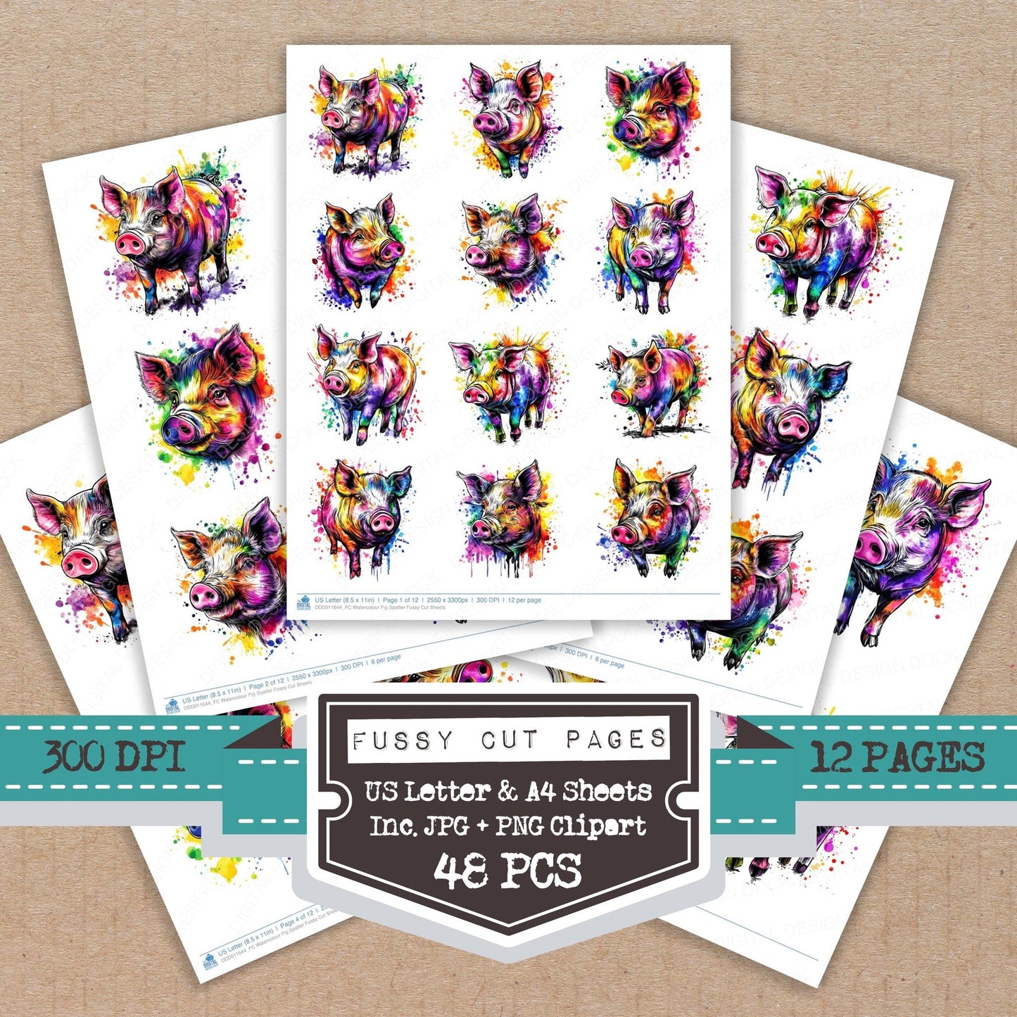 Watercolour Pig Spatter Fussy Cut Sheets (DDD011644)