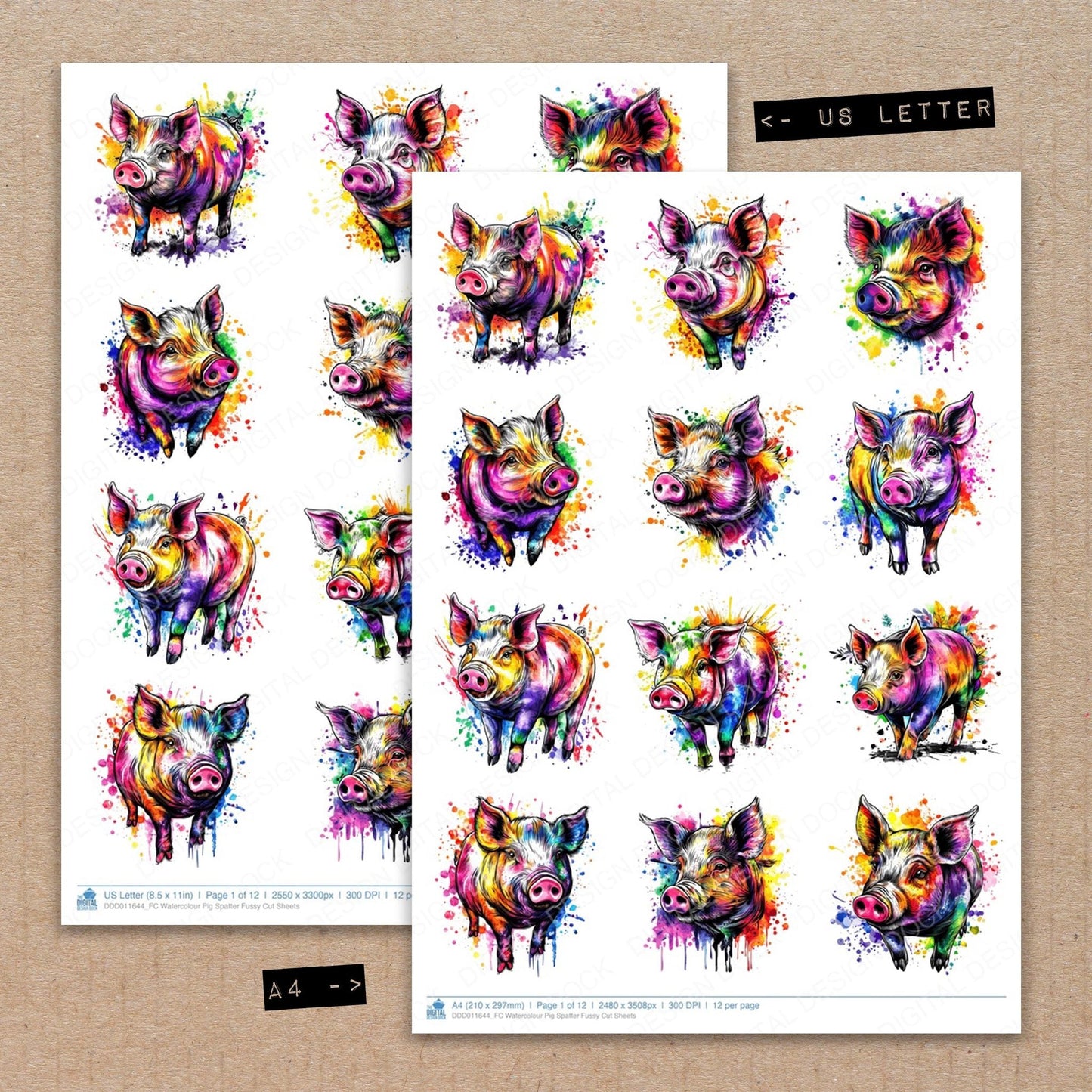 Watercolour Pig Spatter Fussy Cut Sheets (DDD011644)