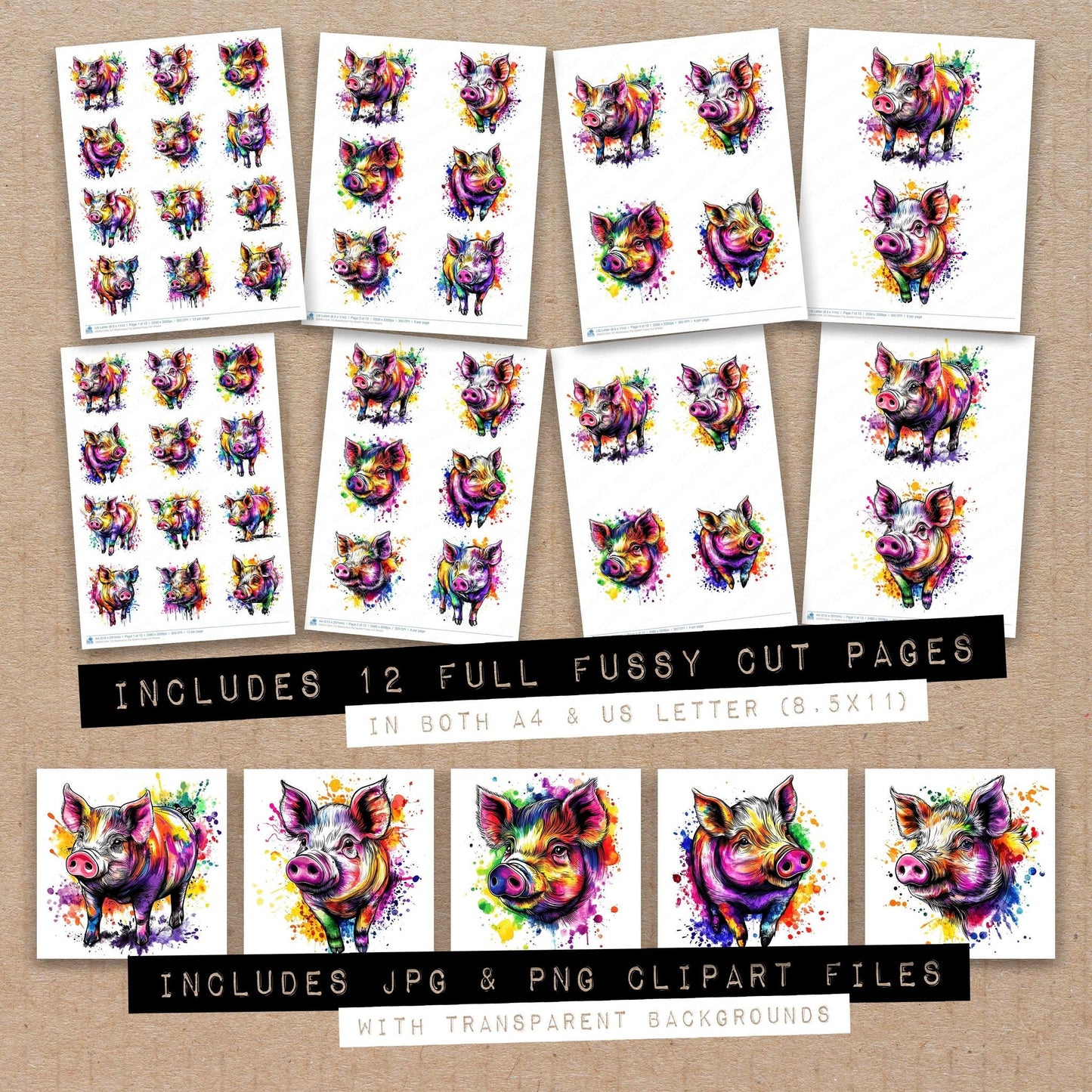 Watercolour Pig Spatter Fussy Cut Sheets (DDD011644)