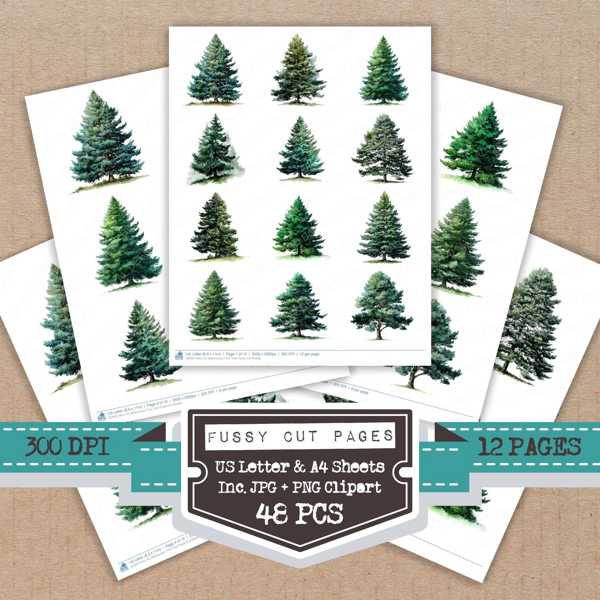 Watercolour Pine Tree fussy cut printable sheets for junk journaling, scrapbooking, and paper craft projects
