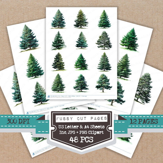 Watercolour Pine Tree fussy cut printable sheets for junk journaling, scrapbooking, and paper craft projects
