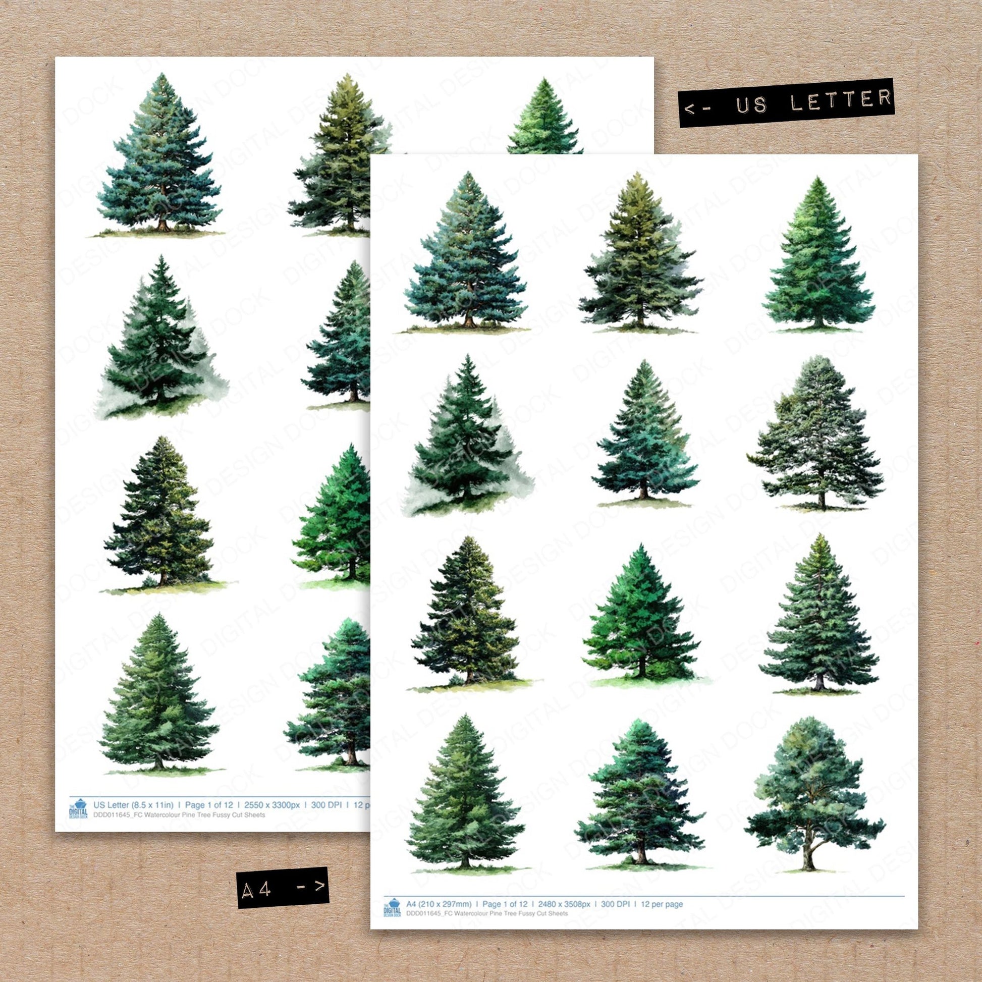 A4 and US Letter format comparison showing Watercolour Pine Tree fussy cut pages for print and cut crafting