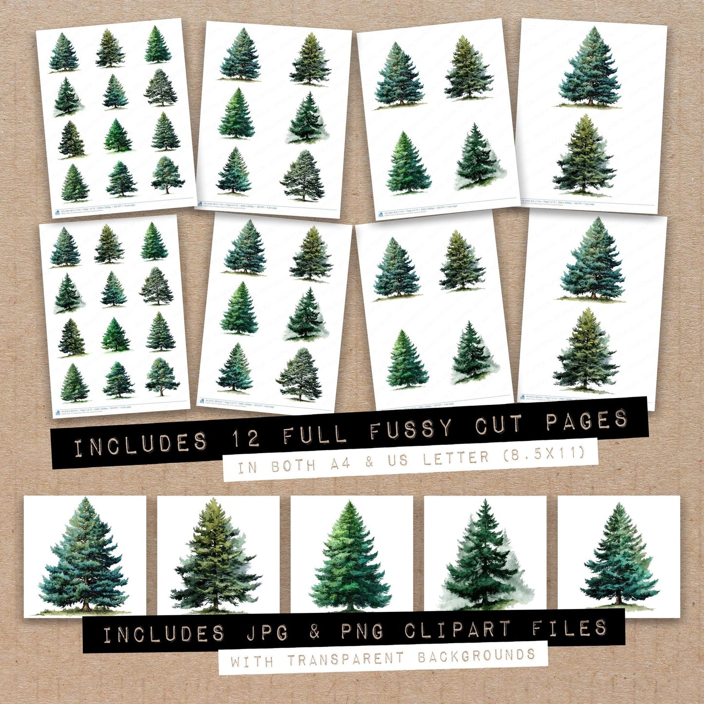 Full collection view of Watercolour Pine Tree fussy cut sheets with bonus clipart JPG and PNG files