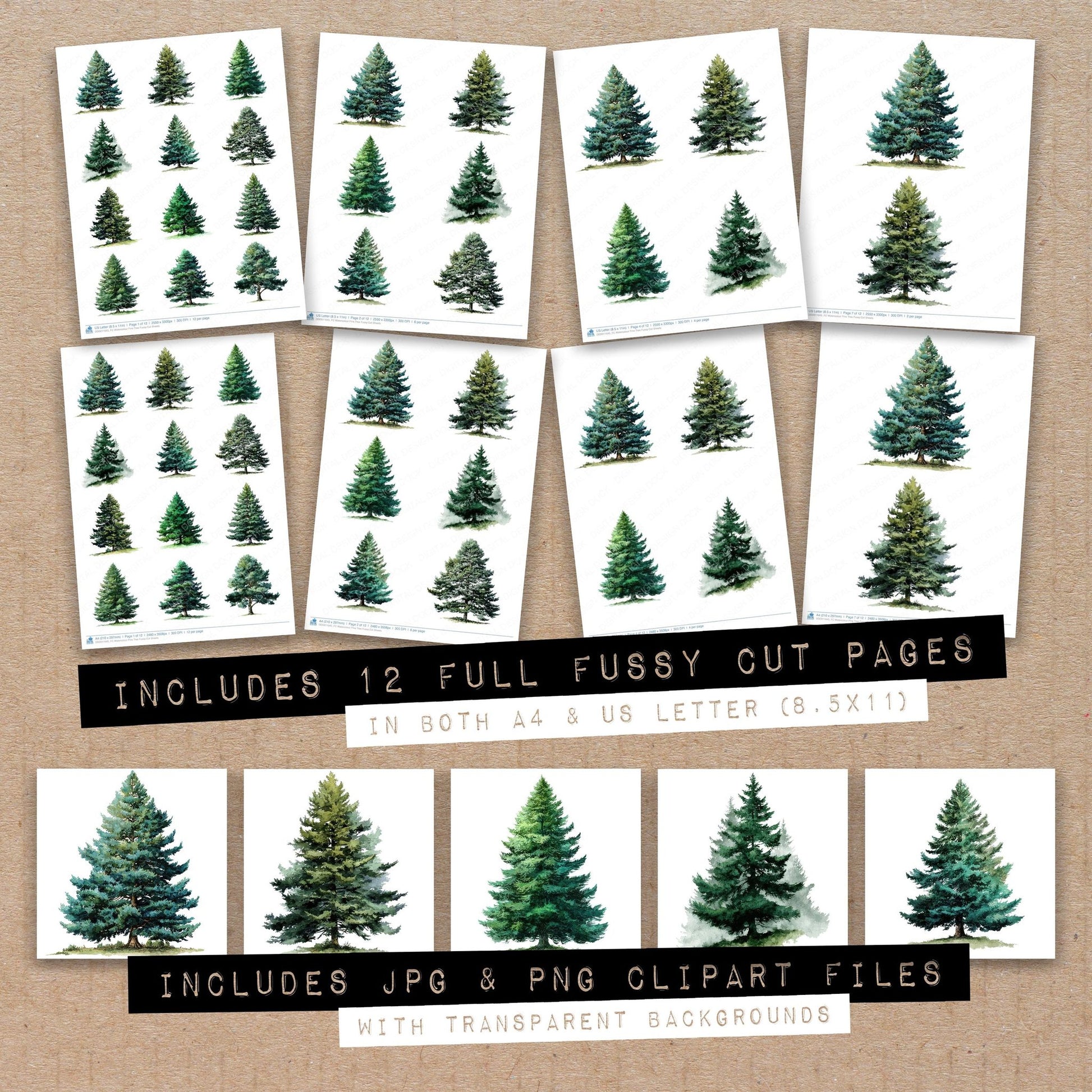 Full collection view of Watercolour Pine Tree fussy cut sheets with bonus clipart JPG and PNG files