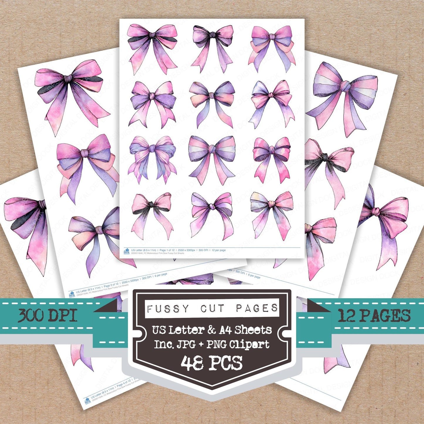 Watercolour Pink Bow fussy cut printable sheets for junk journaling, scrapbooking, and paper craft projects