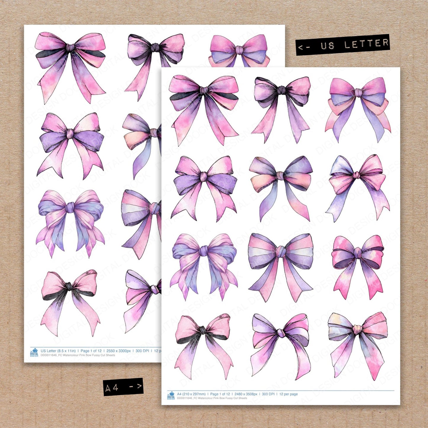 A4 and US Letter format comparison showing Watercolour Pink Bow fussy cut pages for print and cut crafting