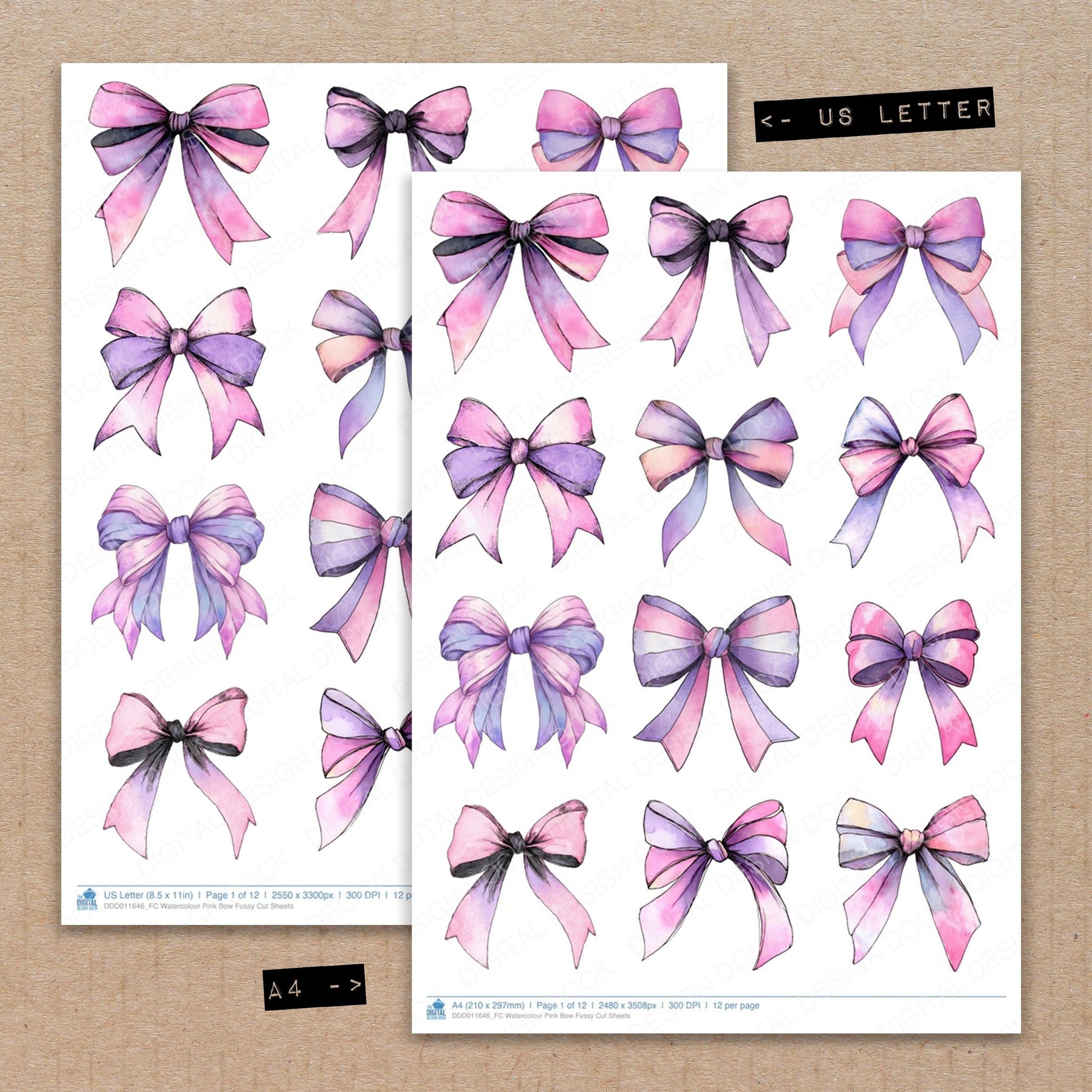 A4 and US Letter format comparison showing Watercolour Pink Bow fussy cut pages for print and cut crafting